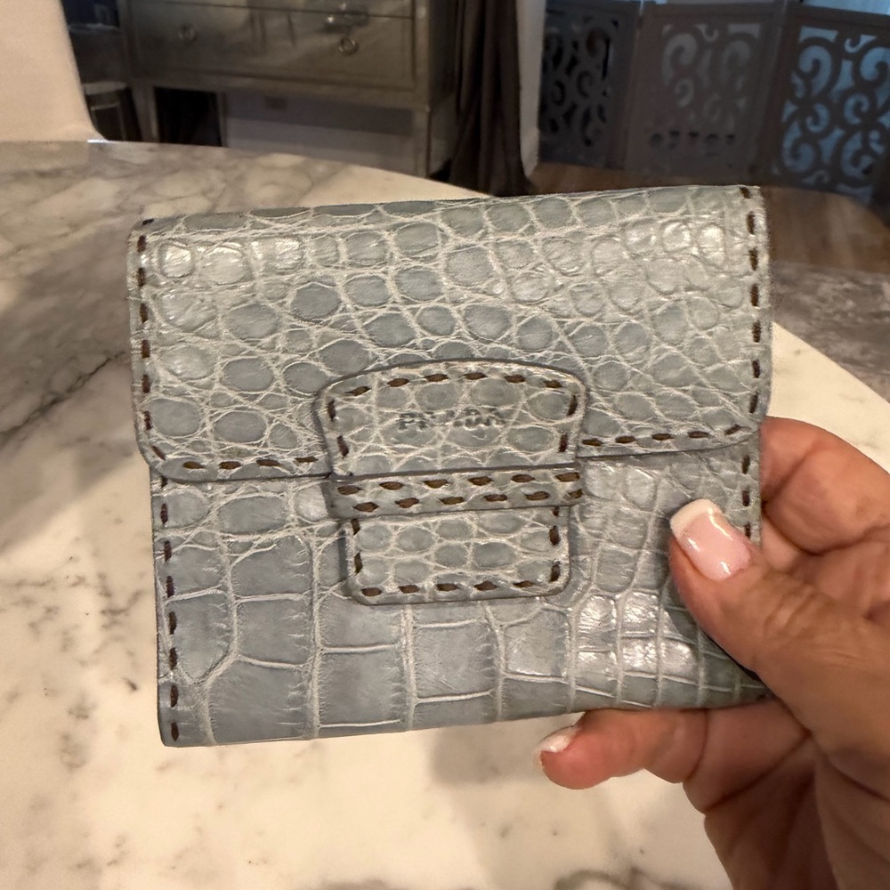 Prada Vintage Croc Embossed Leather Wallet Blue Gray Rare Stitch Detail